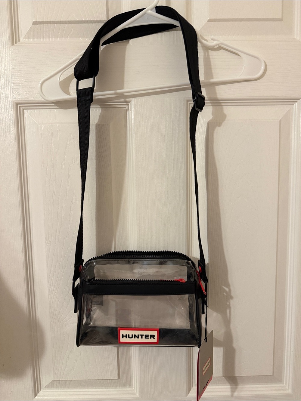 Hunter Clear Crossbody Bag with Black Strap and Red Trim Concert Stadium Approve